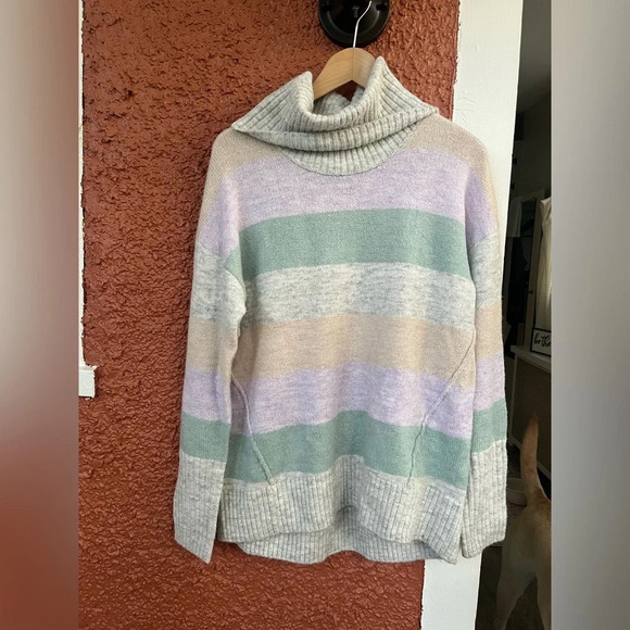 Gap Gray Purple Multi Stripe Knit Rib Neck Turtleneck Sweater Womens Medium - Picture 1 of 9